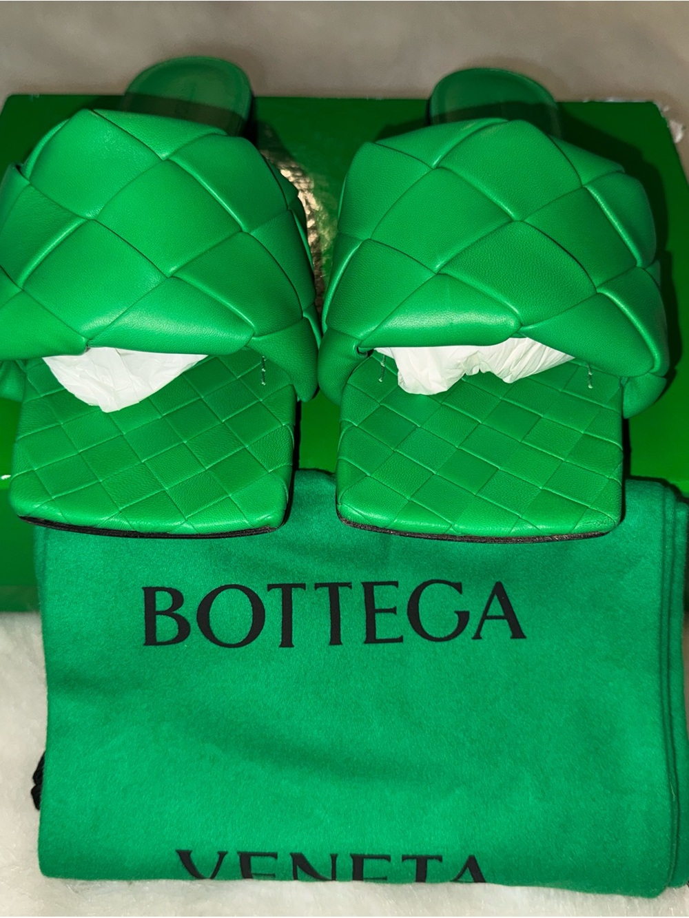 Bottega Veneta Neon Green Intrecciato Slide Sandals